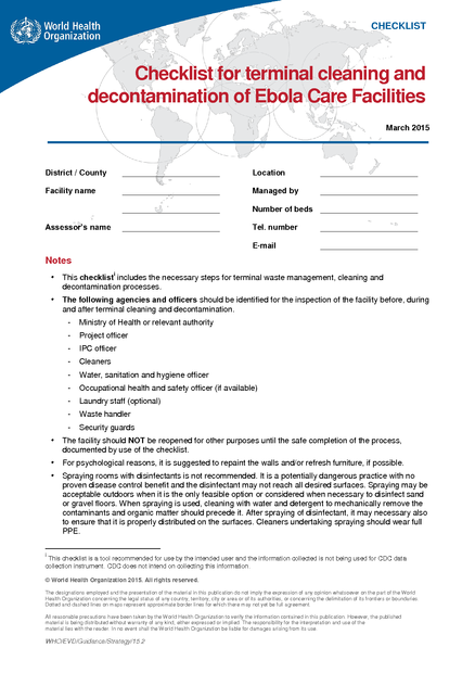 Checklist For Terminal Cleaning And Decontamination Of Ebola Care 